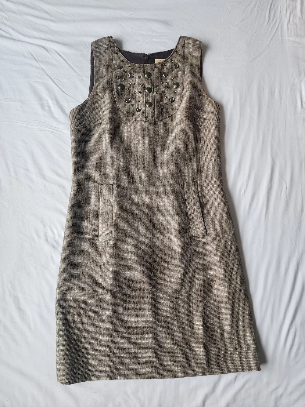 Michael Kors Sleeveless Brown Tweed Beaded Midi Dress
